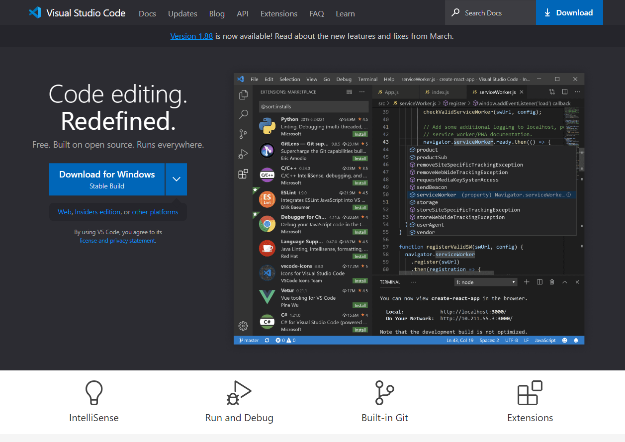 image showing visual studio code website homepage